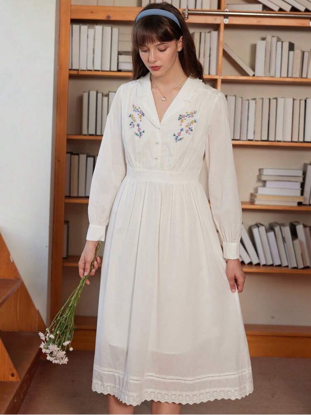 Simple Retro Embroidered Prairie Dress 100% Cotton - Picture 6 of 14
